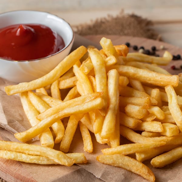 Golden french fries piled high on a wooden board with a side of ketchup.