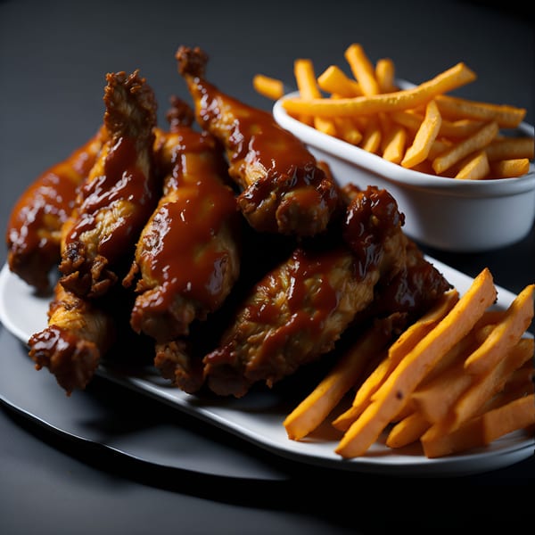 RocketFuel Wings with barbecue sauce and a side of golden french fries and sweet potato fries.